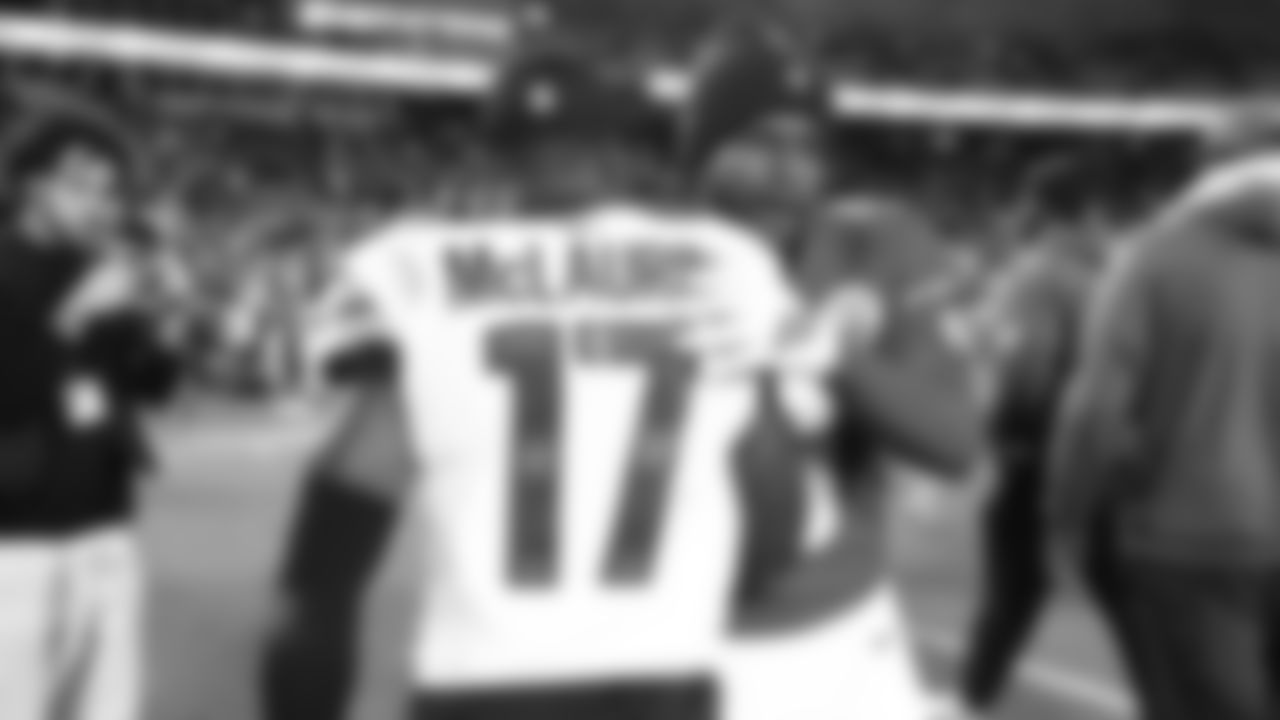 Kansas City Chiefs wide receiver JuJu Smith-Schuster (9) hugs Washington Commanders wide receiver Terry McLaurin (17) after a week 8 NFL Football game against the Washington Commanders on Monday, October 27, 2025 in Kansas City, MO.