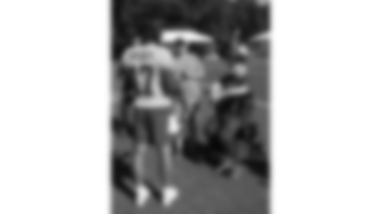 Kansas City Chiefs quarterback Gardner Minshew (17) meets with U.S. service members attending Military Appreciation Day during day 17 of Training Camp practice on Wednesday, August 13, 2025.