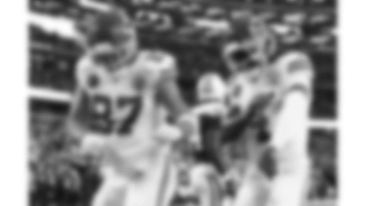 Kansas City Chiefs wide receivers Hollywood Brown (5), Rashee Rice (4) and tight end Travis Kelce (87) celebrate a touchdown during a week 13 NFL Football game against the Dallas Cowboys on Thursday, November 27, 2025 in Dallas, Texas.