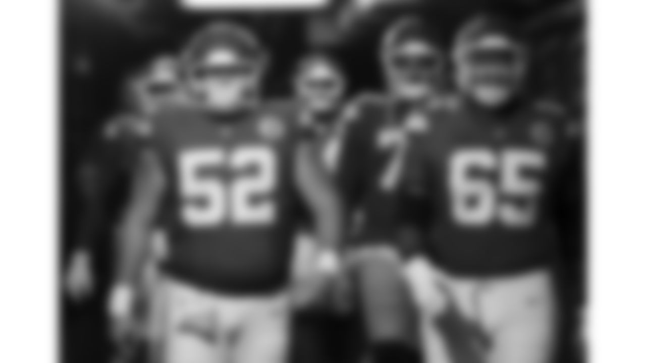 Kansas City Chiefs center Creed Humphrey (52) and offensive lineman Trey Smith (65) lead the linemen down the 50-yard tunnel prior to the week 6 NFL football game against the Detroit Lions, Sunday, October 12, 2025 in Kansas City, MO.