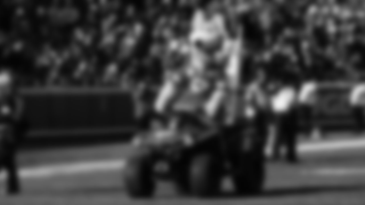 KC Wolf rides onto the field prior to an NFL week 15 matchup against the Los Angeles Chargers, Sunday December 14, 2025.