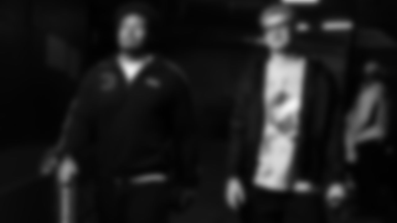 Tight end Tre Watson (49) and Kansas City Chiefs tight end Jake Briningstool (88) arrives prior to an NFL week 17 matchup against the Denver Broncos, Thursday, December 25, 2025.