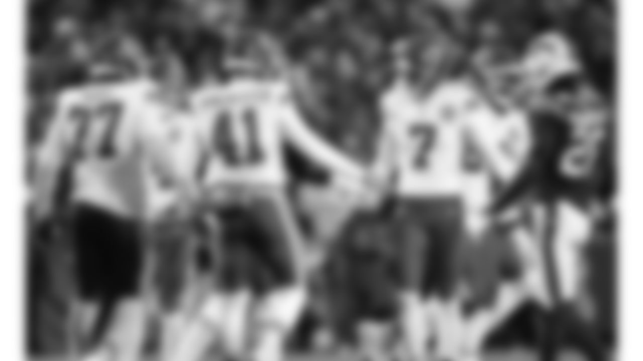 Kansas City Chiefs kicker Harrison Butker (7) and Kansas City Chiefs long snapper James Winchester (41) celebrate during a week 9 NFL football game against the Buffalo Bills, Sunday, November 2, 2025 in Buffalo, NY