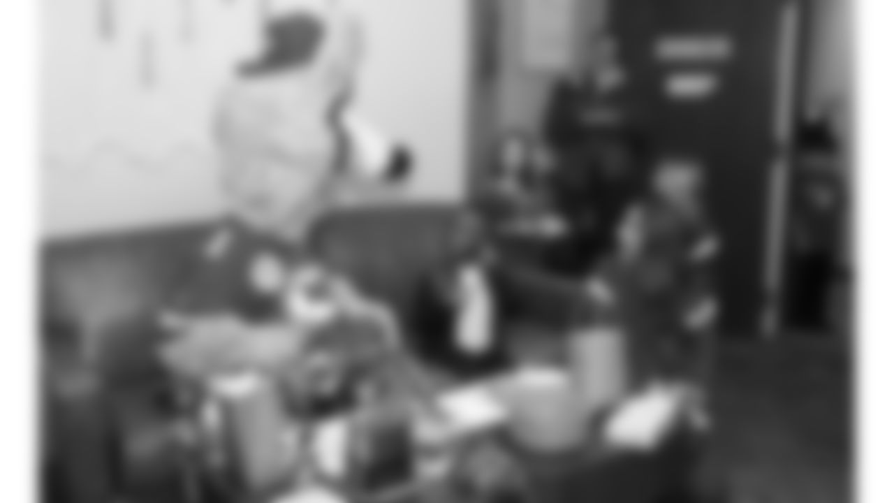 KC Wolf and Kansas City Chiefs Cheerleaders interact with kids before the reveal of cornerback Trent McDuffies (22) My Cause My Cleats at the Solace House in Shawnee Mission, Kansas on Tuesday, November 11, 2025.