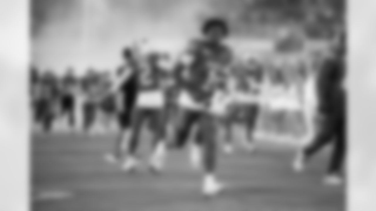 SMU running back Brashard Smith (1) runs onto the field before an NCAA college football game against Pittsburgh in Dallas, Saturday, Nov. 2, 2024. (AP Photo/Gareth Patterson)