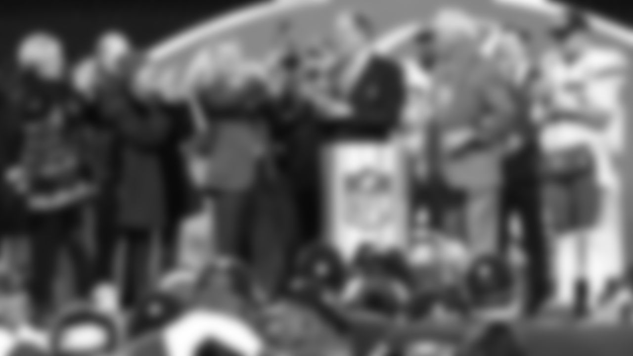 Kansas City Chiefs Chairman, CEO, and Owner Clark Hunt hold up the Lamar Hunt Trophy after the AFC Championship Game against the Baltimore Ravens on Sunday, January 28, 2024 in Baltimore.