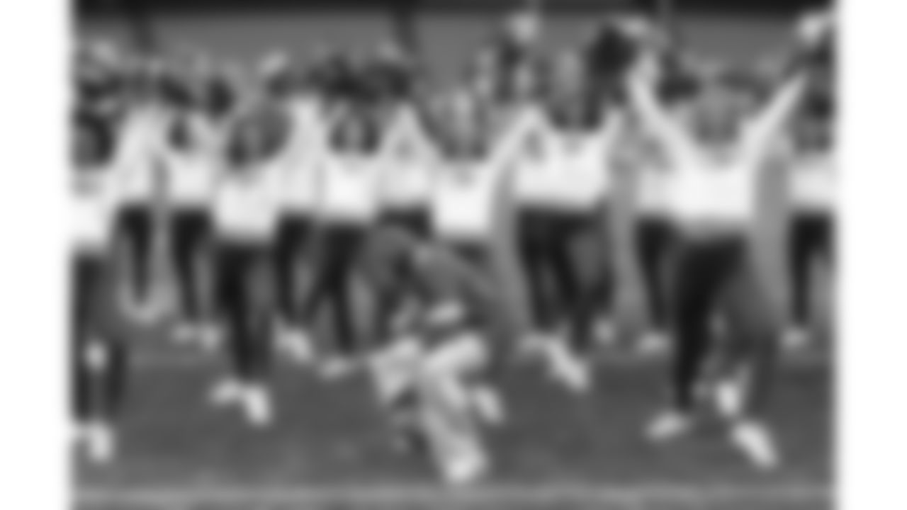 The Kansas City Chiefs Cheerleaders and Entertainment teams prior to a week 17 NFL Football game against the Denver Broncos on December 25, 2025 in Kansas City, MO.