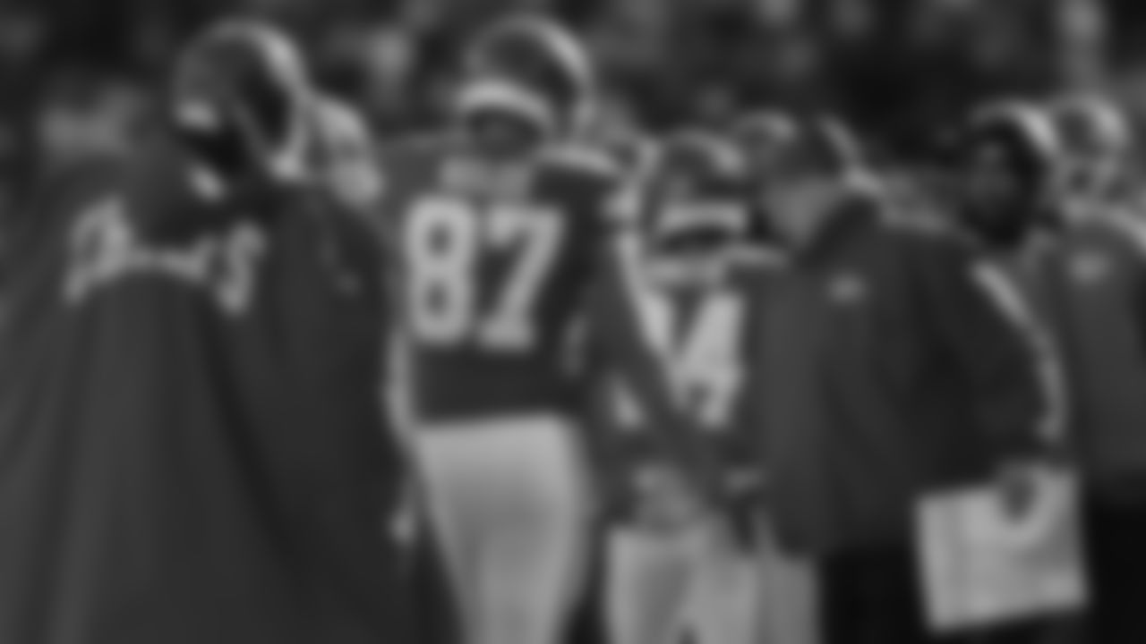 Kansas City Chiefs Head Coach Andy Reid gives the players congratulations after the touchdown during an NFL week 15 matchup against the Los Angeles Chargers, Sunday December 14, 2025.