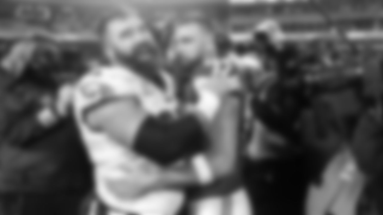 Kansas City Chiefs tight end Travis Kelce (87) and Philadelphia Eagles center Jason Kelce (62) after the week 11 NFL football game against the Philadelphia Eagles, November 20, 2023 in Kansas City.