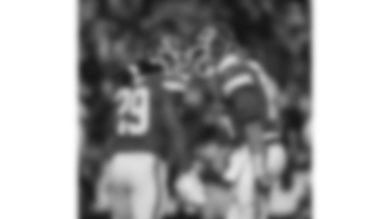 Kansas City Chiefs running back Kareem Hunt (29) and quarterback Patrick Mahomes (15) celebrate in the end zone during a week 14 NFL football game against the Houston Texans, Sunday, December 7, 2025 in Kansas City, MO.