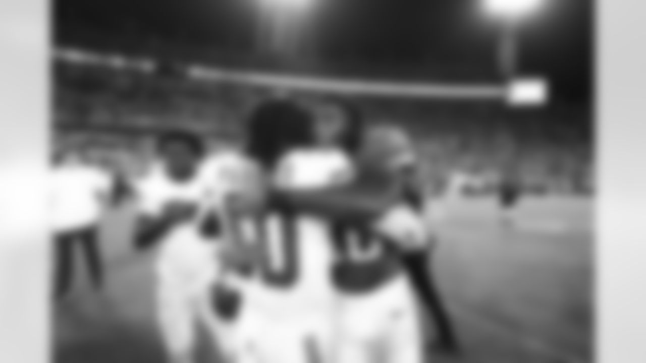 Kansas City Chiefs running back Isiah Pacheco (10) and Jacksonville Jaguars running back LeQuint Allen Jr. after a week 5 NFL football game against the Jacksonville Jaguars, Monday, October 6, 2025, in Jacksonville, FL.