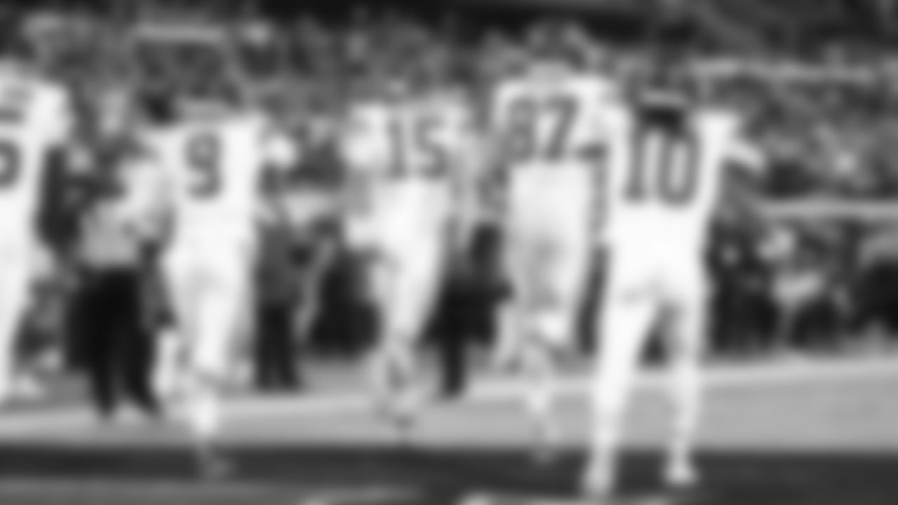 The offense runs off after a touchdown during a week 5 NFL football game against the Jacksonville Jaguars, Monday, October 6, 2025, in Jacksonville, FL.