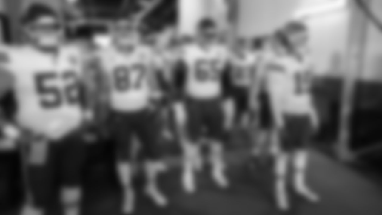 Kansas City Chiefs center Creed Humphrey (52), tight end Travis Kelce (87), offensive lineman Trey Smith (65) and quarterback Patrick Mahomes (15) in the tunnel prior to a week 11 NFL Football game against the Denver Broncos on Sunday, November 16, 2025 in Denver, Colorado.