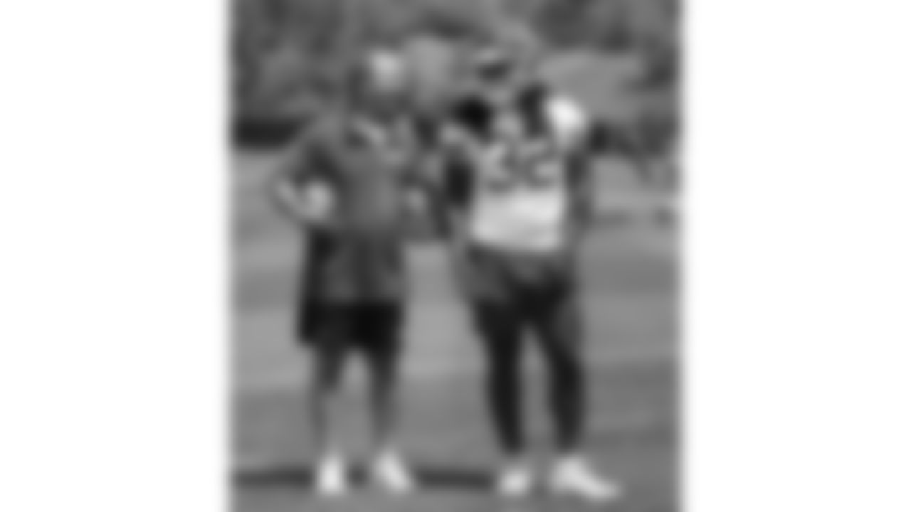 Kansas City Chiefs Defensive Coordinator Steve Spagnuolo and linebacker Nick Bolton (32) during phase 3 of OTAs on Monday June 2, 2025 in Kansas City, MO.
