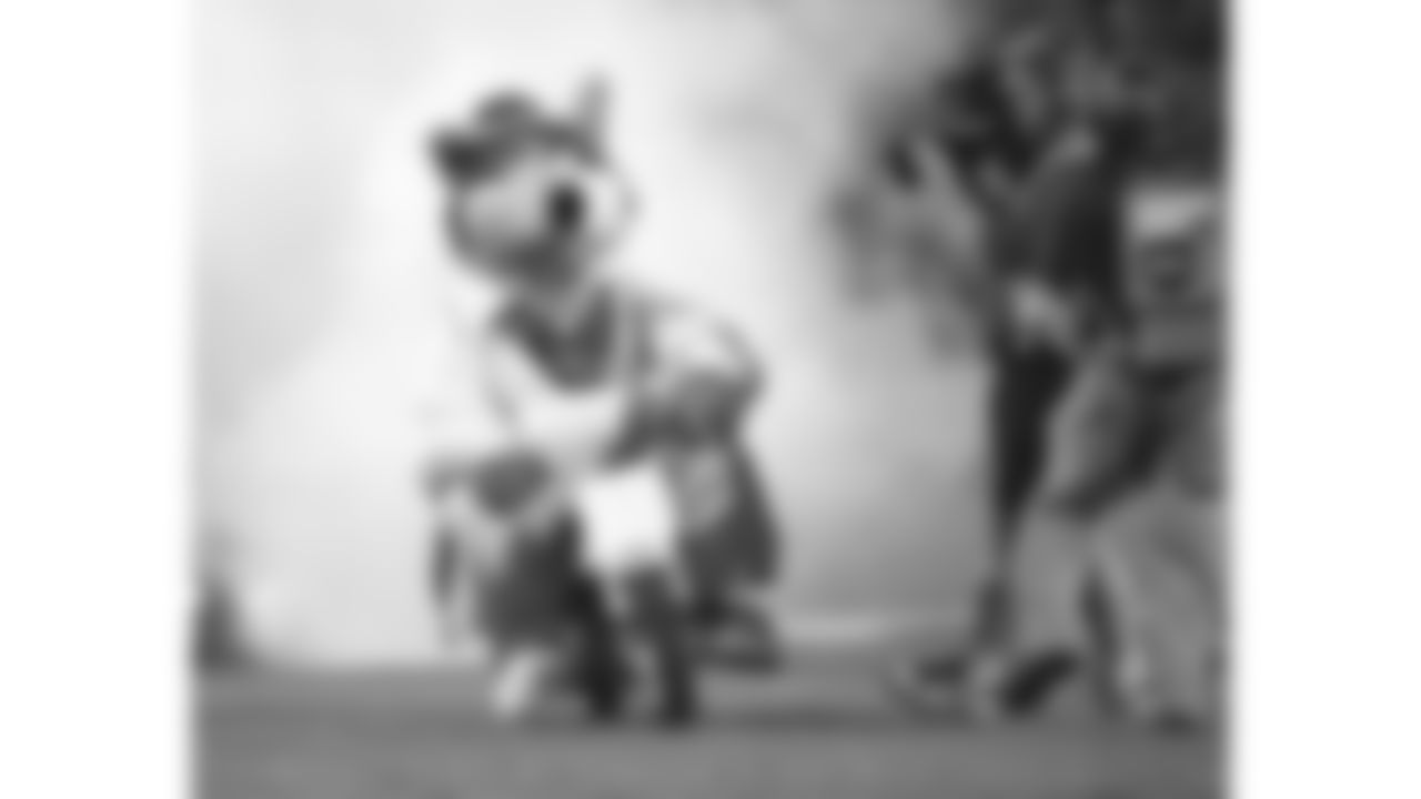 KC Wolf does a motorcycle stunt on the field during a 1998 home game.
