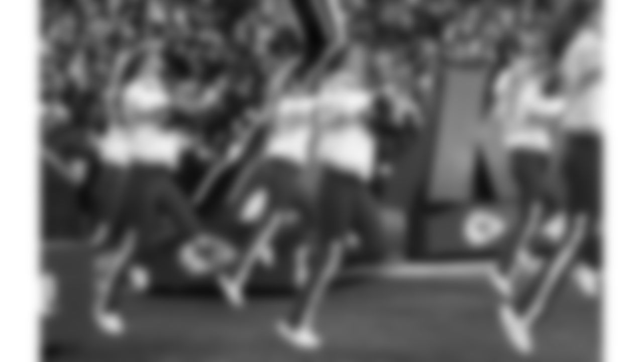 Kansas City Chiefs Cheerleaders enter the field prior to a week 15 NFL Football game against the Los Angeles Chargers on Sunday, December 14, 2025 in Kansas City, MO.