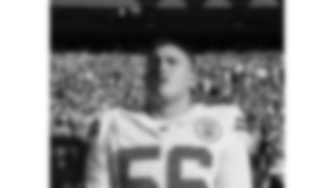 Kansas City Chiefs offensive lineman Trey Smith (65) during the National Anthem prior to a week 11 NFL Football game against the Denver Broncos on Sunday, November 16, 2025 in Denver, Colorado.