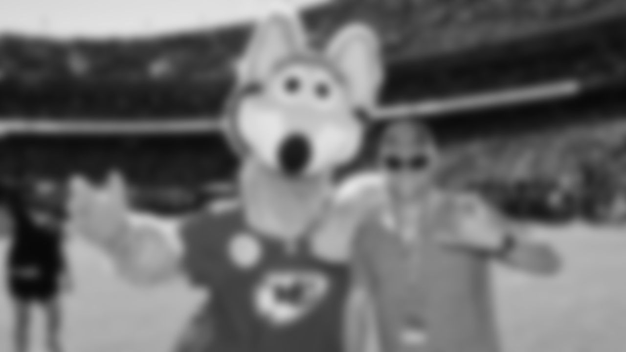 KC Wolf on the field prior to a week 7 NFL Football game against the Las Vegas Raiders on Sunday, October 19, 2025 in Kansas City, MO.
