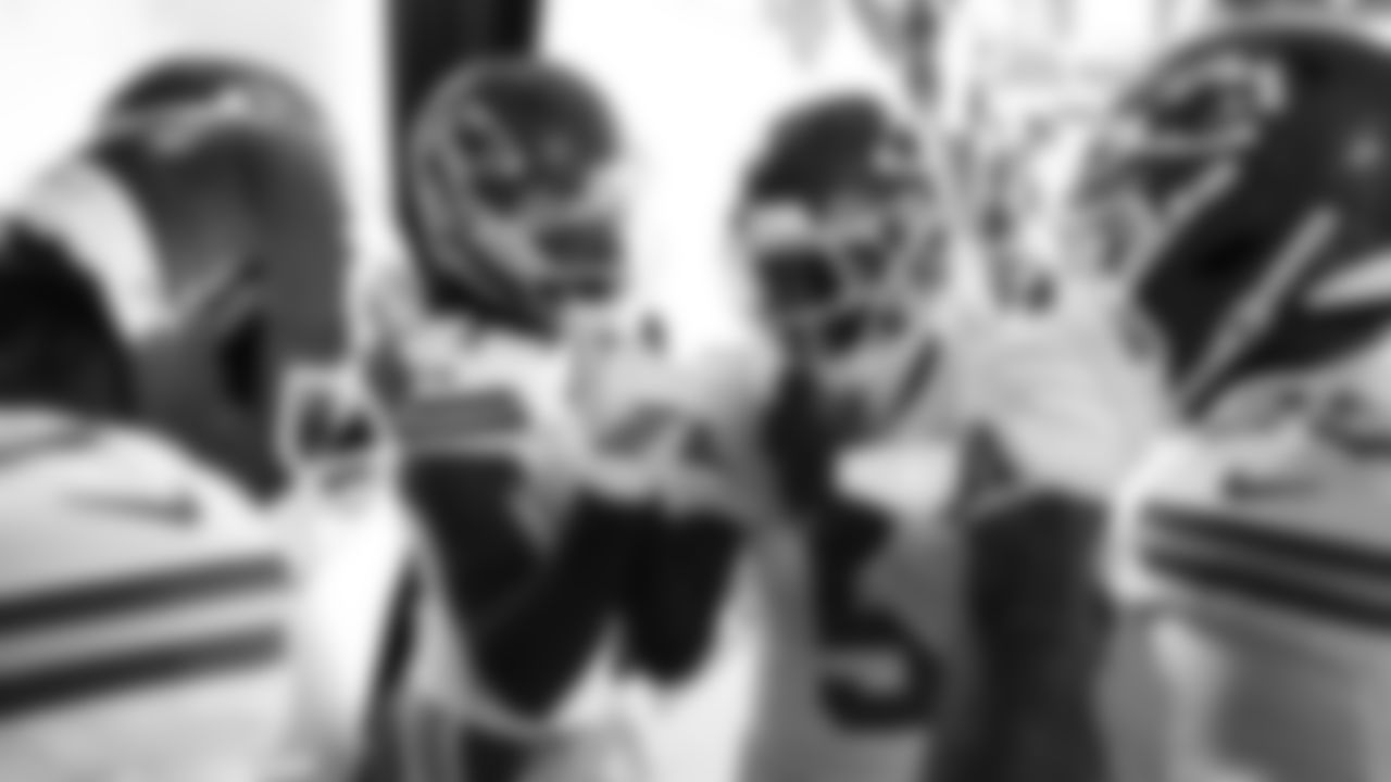 Kansas City Chiefs wide receivers Jalen Royals (11) and Hollywood Brown (5) huddle in the tunnel prior to a week 18 NFL football game against the Las Vegas Raiders, Sunday, January 4, 2026 in Las Vegas, NV.