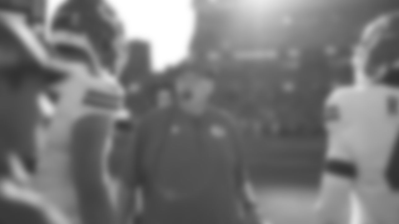 Kansas City Chiefs Head Coach Andy Reid speaks with players on the sideline during a week 11 NFL Football game against the Denver Broncos on Sunday, November 16, 2025 in Denver, Colorado.