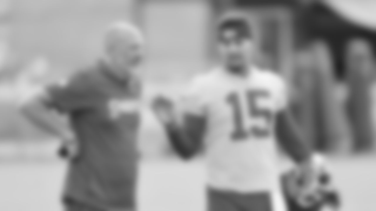 Kansas City Chiefs Offensive Coordinator Matt Nagy and quarterback Patrick Mahomes (15) talking during day 3 of training camp on Thursday July 24, 2025
