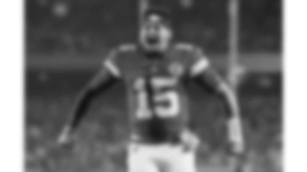 Kansas City Chiefs quarterback Patrick Mahomes (15) yells in the end zone prior to a week 8 NFL Football game against the Washington Commanders on Monday, October 27, 2025 in Kansas City, MO.