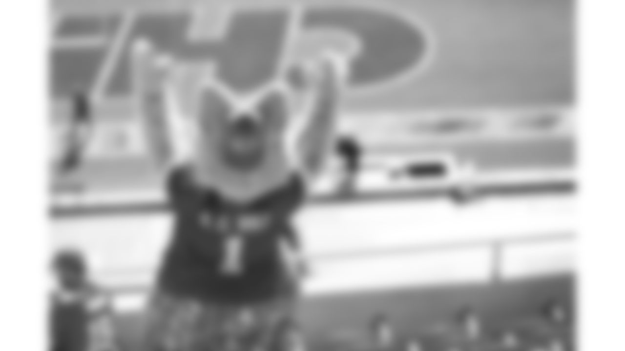 KC Wolf cheers on the Chiefs from the stands during a game against the Las Vegas Raiders at Arrowhead Stadium on October 11, 2020.
