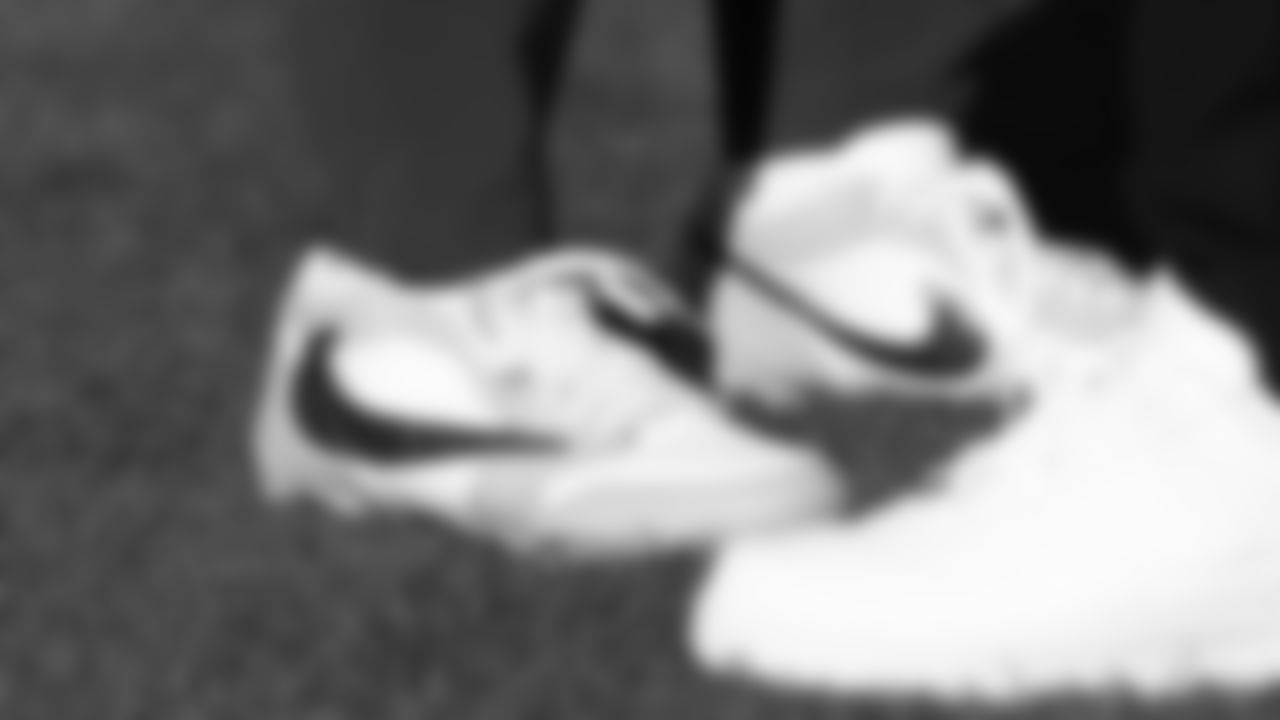 A Kansas City Chiefs players cleats prior to a week 11 NFL Football game against the Denver Broncos on Sunday, November 16, 2025 in Denver, Colorado.