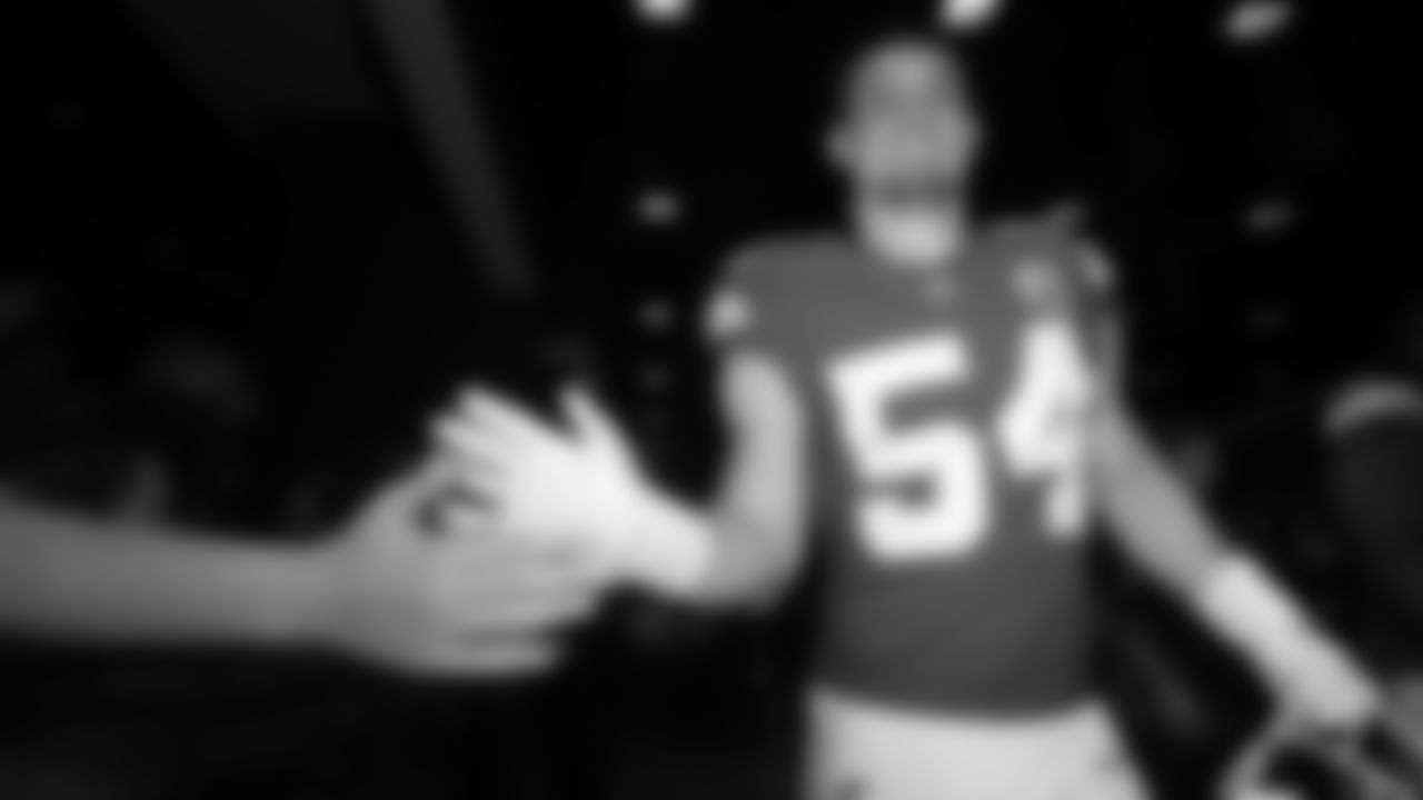 Kansas City Chiefs linebacker Leo Chenal (54) celebrates with fans after a week 6 NFL Football game against the Detroit Lions on Sunday, October 12, 2025 in Kansas City, MO.