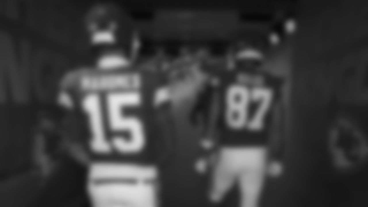 Quarterback Patrick Mahomes (15) and Kansas City Chiefs tight end Travis Kelce (87) prepare to run onto the field prior to an NFL week 14 matchup against the Houston Texans, Sunday December 7, 2025.