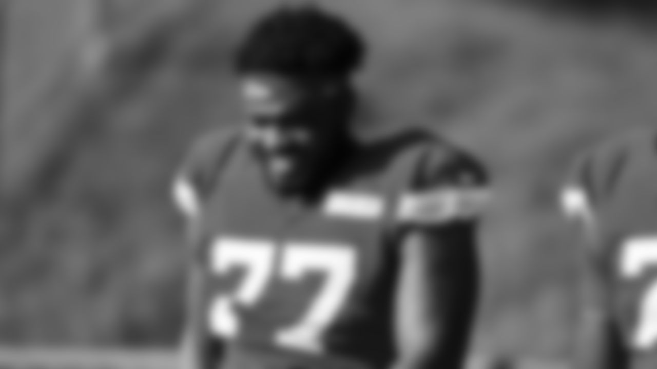 Kansas City Chiefs offensive lineJaylon Moore(77) during day 5 of training camp on Sunday July 27, 2025