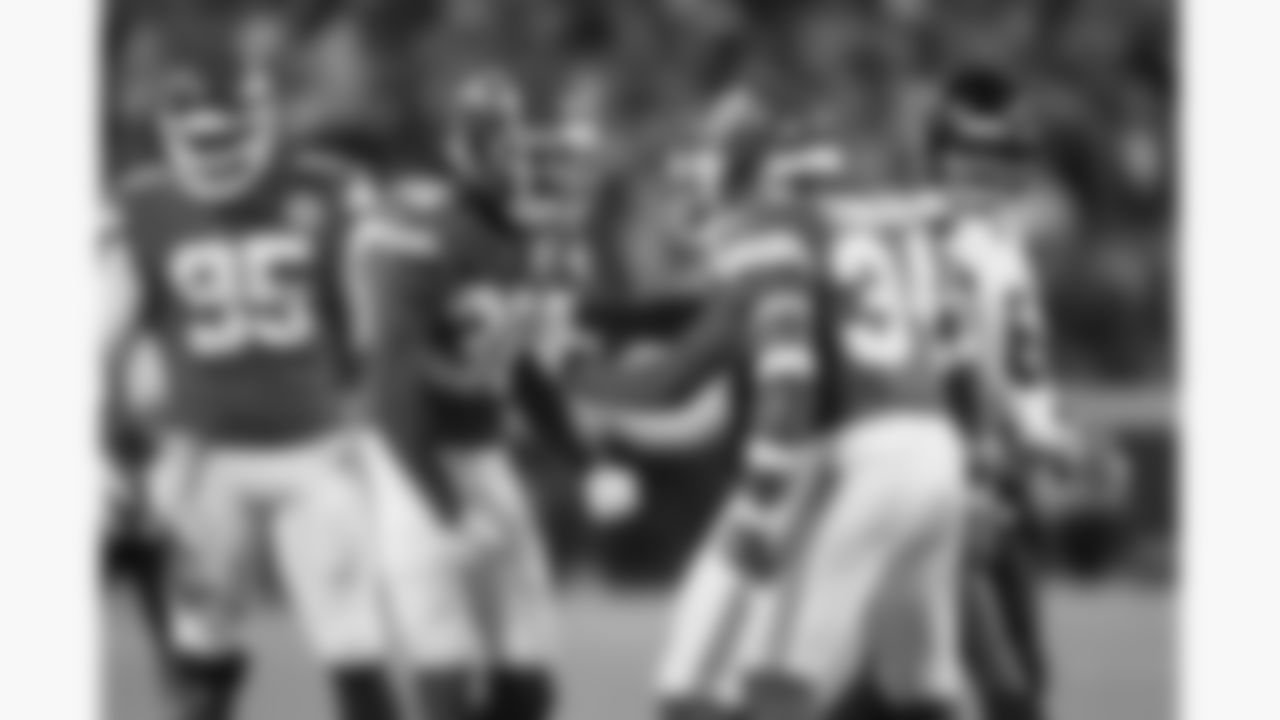 Kansas City Chiefs cornerback Jaylen Watson (35) celebrates after tackling Houston Texans wide receiver Jaylin Noel (14) during a week 14 NFL football game, Sunday, December 7, 2025 in Kansas City, MO.