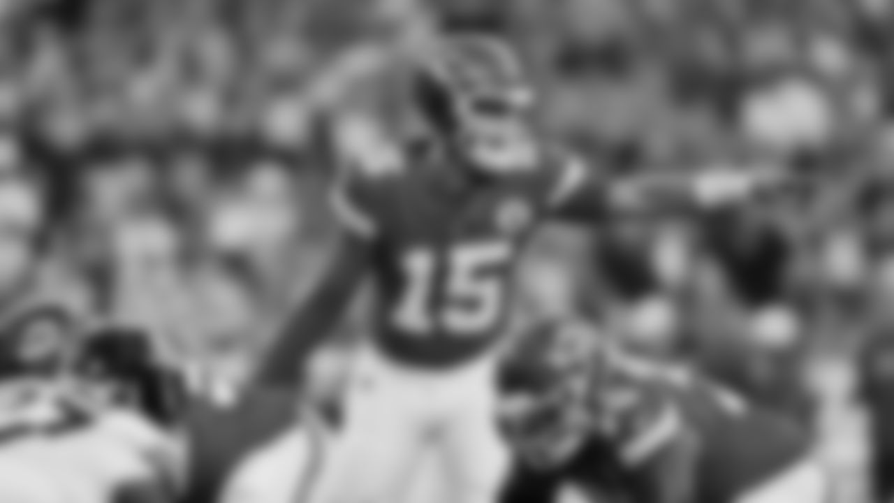 Kansas City Chiefs quarterback Patrick Mahomes (15) during a preseason week 3 NFL football game against the Chicago Bears, Friday, August 22, 2025 in Kansas City, MO.