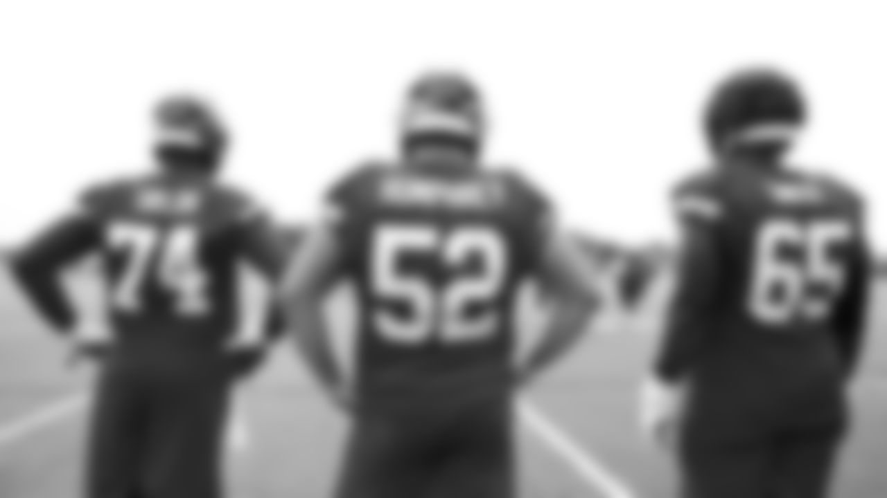 Kansas City Chiefs tackle Jawaan Taylor (74), Kansas City Chiefs center Creed Humphrey (52), and Kansas City Chiefs offensive lineman Trey Smith (65) on the field during day 15 of training camp on Monday, August 11, 2025.
