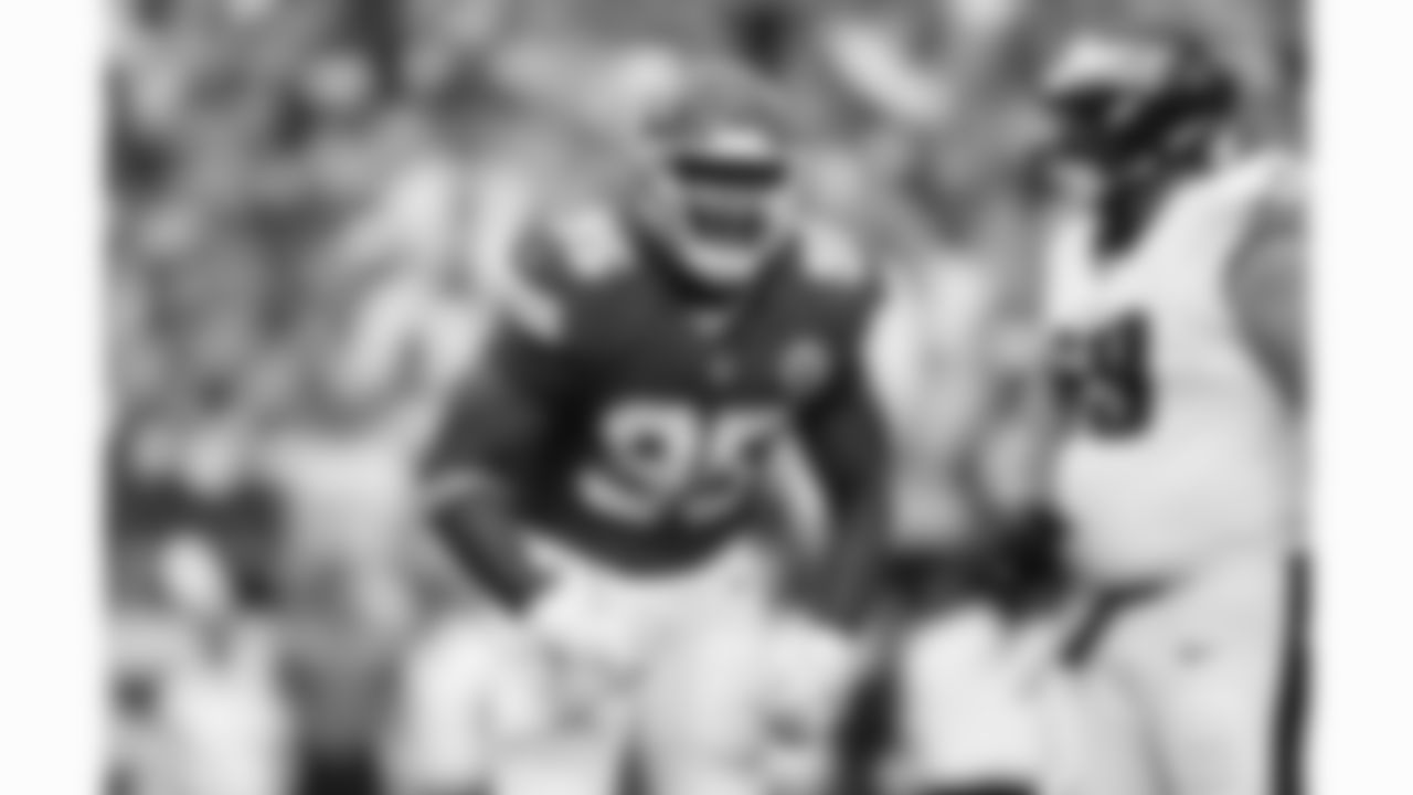 Kansas City Chiefs defensive tackle Chris Jones (95) celebrates during the week 2 NFL football game against the Philadelphia Eagles, Sunday, September 14, 2025 in Kansas City, MO.