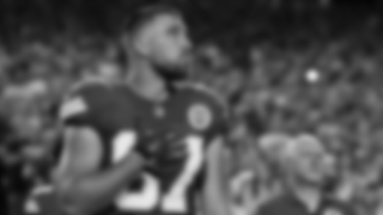 Kansas City Chiefs tight end Travis Kelce (87) during national anthem prior to a week 6 NFL Football game against the Detroit Lions on Sunday, October 12, 2025 in Kansas City, MO.