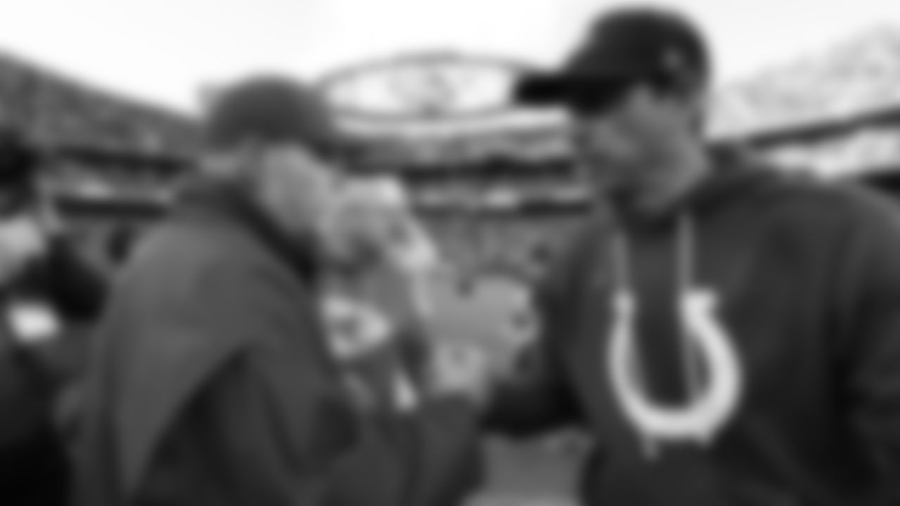 Kansas City Chiefs Head Coach Andy Reid shakes hands with Indianapolis Colts Head Coach Shane Steichen after a week 12 NFL Football game against the Indianapolis Colts on Sunday, November 23, 2025 in Kansas City, MO