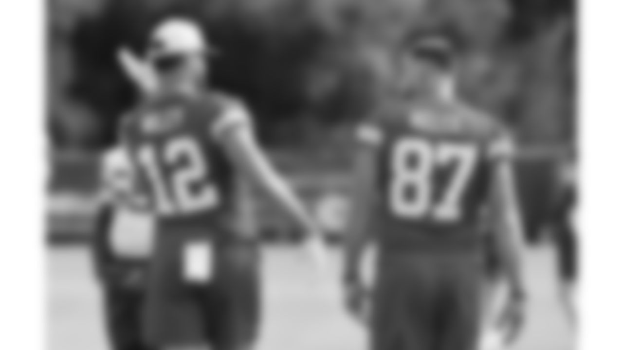 Kansas City Chiefs tight end Jared Wiley (12) and Kansas City Chiefs tight end Travis Kelce (87) during practice on Thursday, October 9, 2025 in Kansas City, MO.