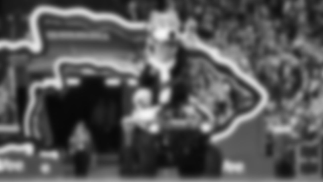 KC Wolf rides onto the field prior to an NFL week 17 matchup against the Denver Broncos, Thursday, December 25, 2025.