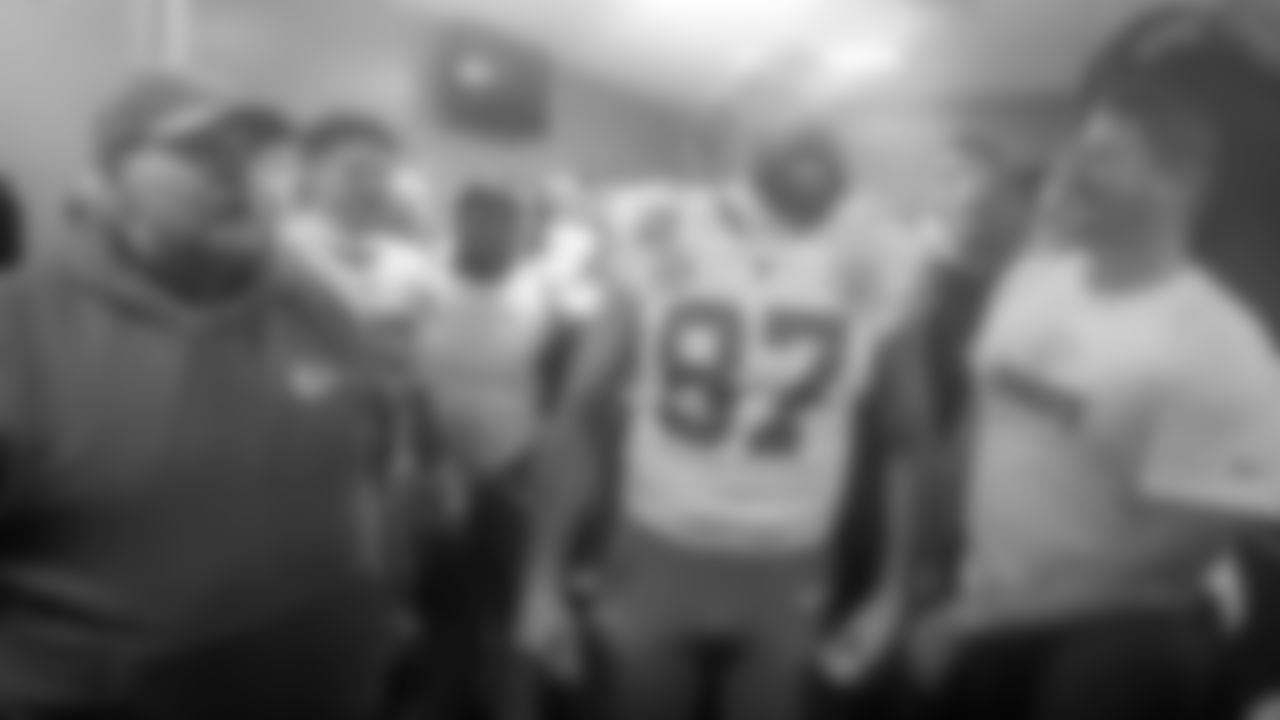 Kansas City Chiefs Head Coach Andy Reid, quarterback Patrick Mahomes (15), and tight end Travis Kelce (87) after the NFL Divisional Playoff football game against the Buffalo Bills, January 21, 2024 in Buffalo.