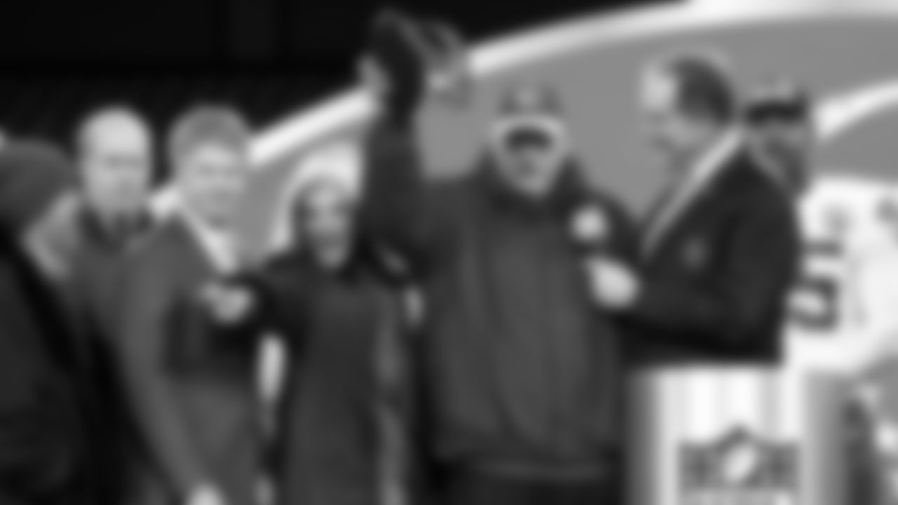 Kansas City Chiefs Head Coach Andy Reid holds the Lamar Hunt Trophy on stage after the AFC Championship Game against the Baltimore Ravens on Sunday, January 28, 2024 in Baltimore.