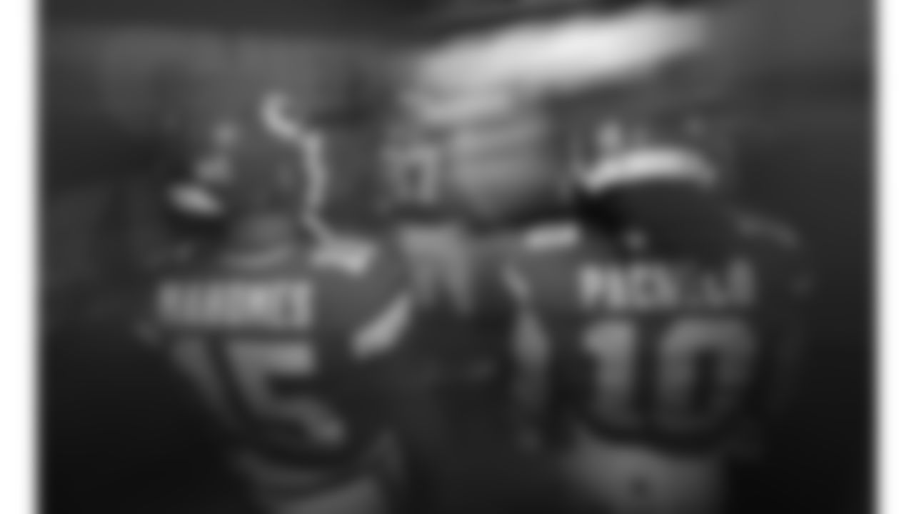 Kansas City Chiefs quarterback Patrick Mahomes (15), tight end Travis Kelce (87) and running back Isiah Pacheco (10) in the tunnel prior to a week 2 NFL football game against the Philadelphia Eagles, Sunday, September 14, 2025 in Kansas City, MO.