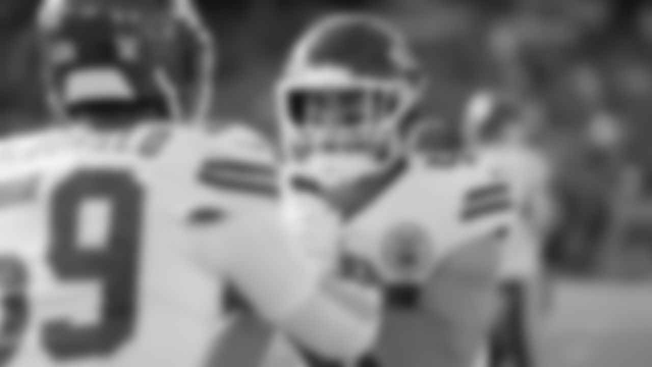 Kansas City Chiefs linebacker Cole Christiansen (48) and linebacker Cooper McDonald (59) warm up prior to a week 16 NFL Football game against the Tennessee Titans on Sunday, December 21, 2025 in Nashville, Tennessee.