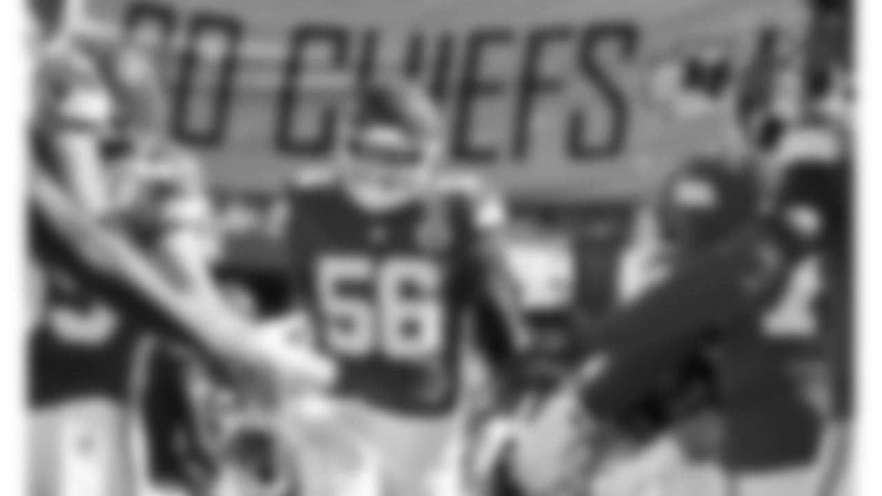 Kansas City Chiefs defensive end George Karlaftis (56) runs out of the tunnel prior to the week 4 NFL football game against the Baltimore Ravens, Sunday, September 28, 2025 in Kansas City, MO.