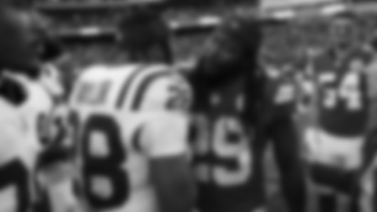 Kansas City Chiefs running back Kareem Hunt (29) talks with Indianapolis Colts running back Jonathan Taylor (28) after a week 12 NFL Football game against the Indianapolis Colts on Sunday, November 23, 2025 in Kansas City, MO