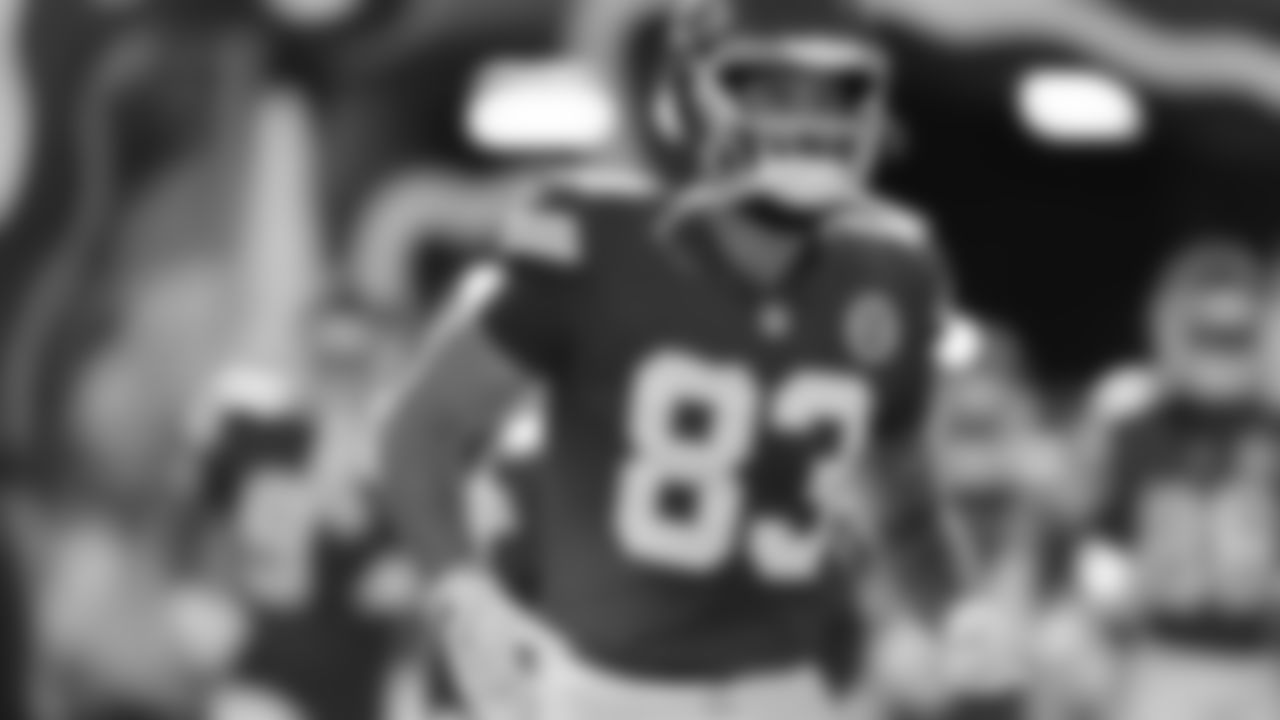 Kansas City Chiefs tight end Noah Gray (83) runs onto prior to a week 12 NFL Football game against the Indianapolis Colts on Sunday, November 23, 2025 in Kansas City, MO