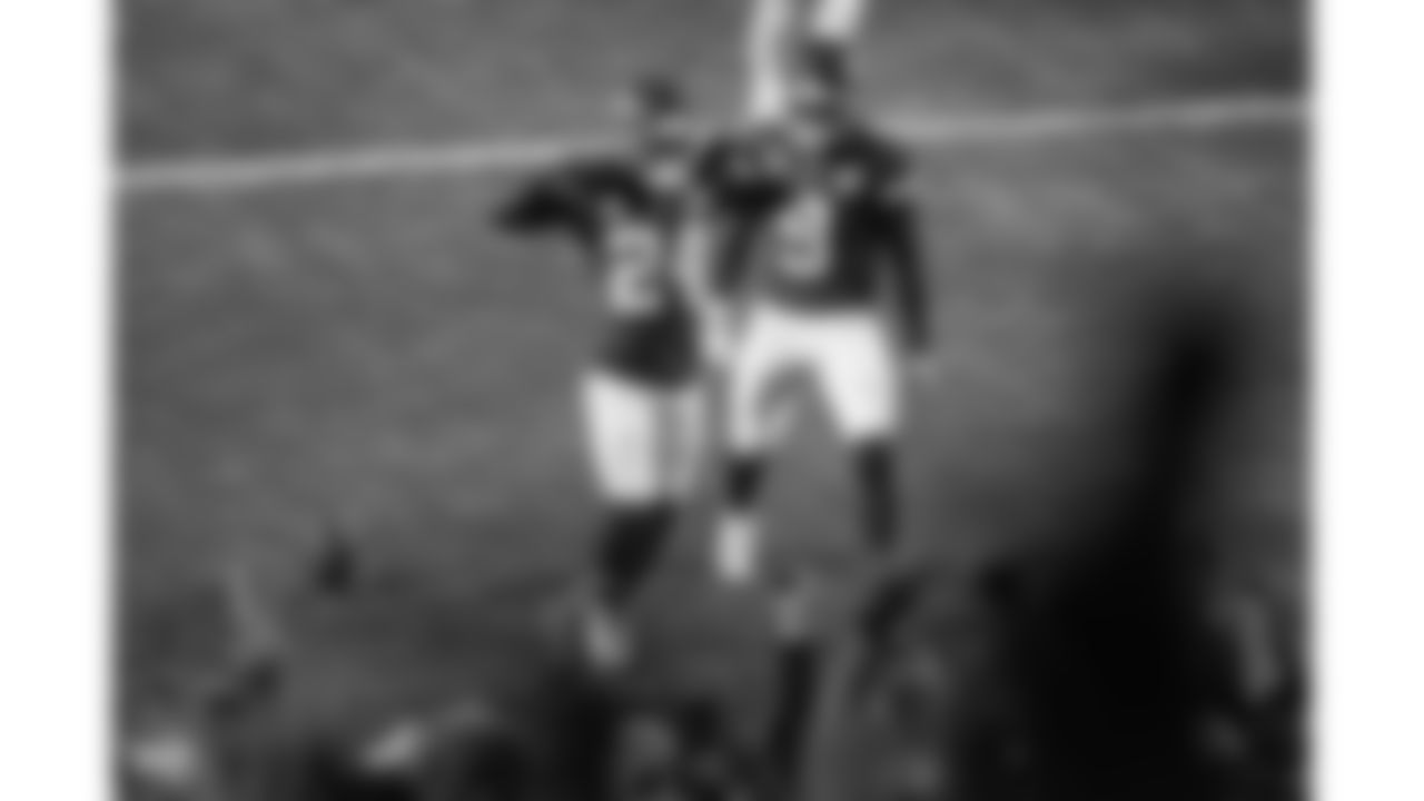 Kansas City Chiefs running back Brashard Smith (24) celebrates in the end zone with wide receiver JuJu Smith-Schuster (9) during a week 17 NFL football game against the Denver Broncos, Thursday, December 25, 2025 in Kansas City, MO.