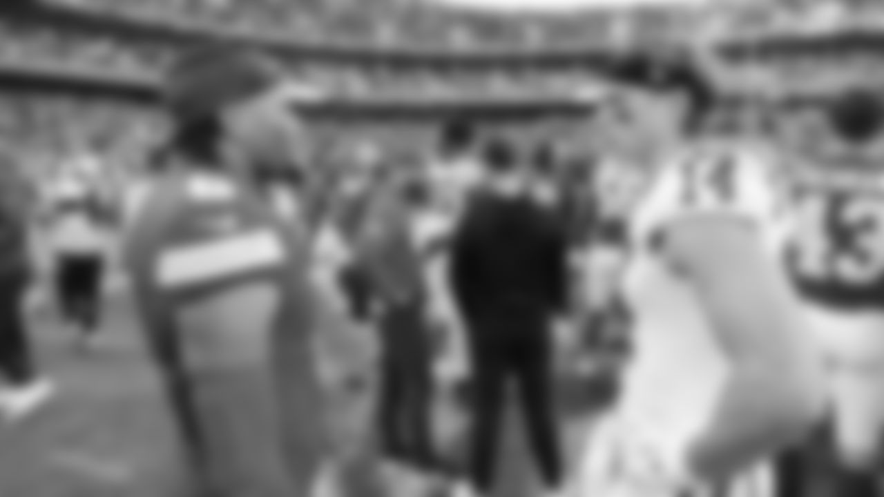 Kansas City Chiefs safety Bryan Cook (6) talks with Indianapolis Colts wide receiver Alec Pierce (14) after a week 12 NFL Football game against the Indianapolis Colts on Sunday, November 23, 2025 in Kansas City, MO