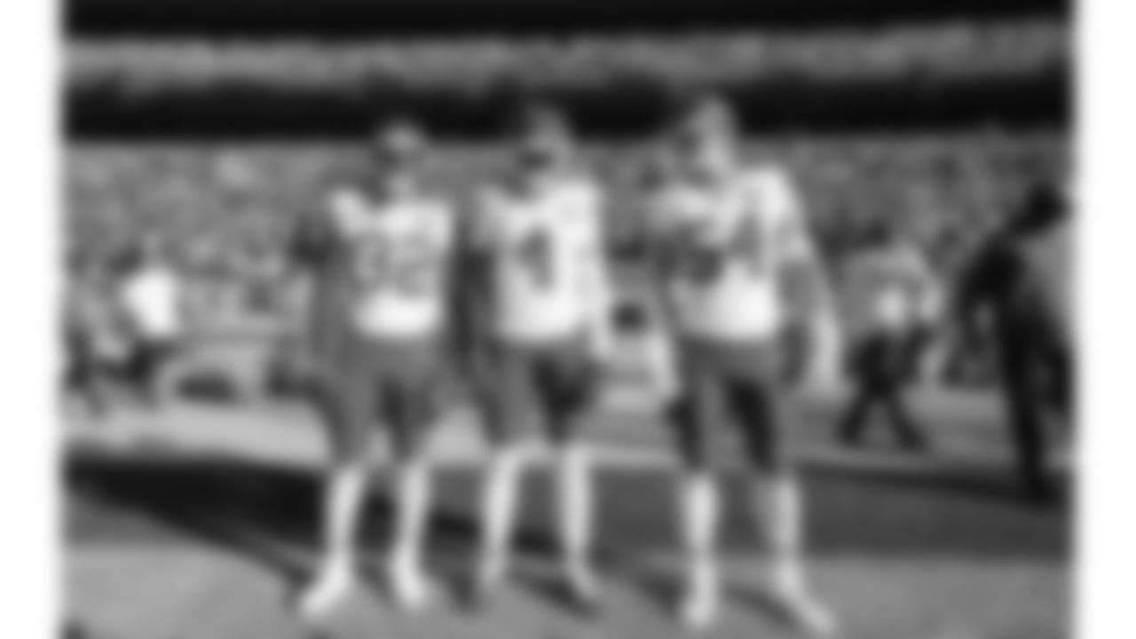 Kansas City Chiefs linebacker Nick Bolton (32), wide receiver Rashee Rice (4) and linebacker Leo Chenal (54) prior to a week 11 NFL Football game against the Denver Broncos on Sunday, November 16, 2025 in Denver, Colorado.