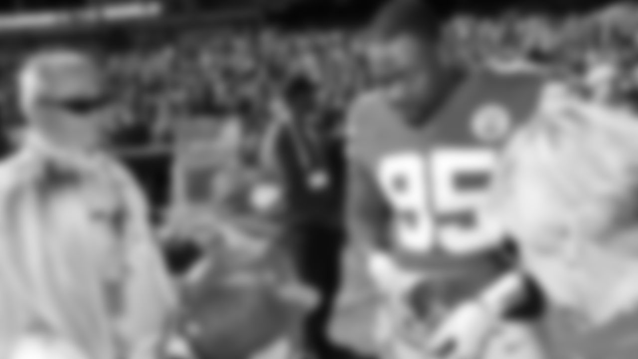 Kansas City Chiefs defensive tackle Chris Jones (95) with the Kingdom Champion Levi Hower prior to a week 7 NFL Football game against the Las Vegas Raiders on Sunday, October 19, 2025 in Kansas City, MO.